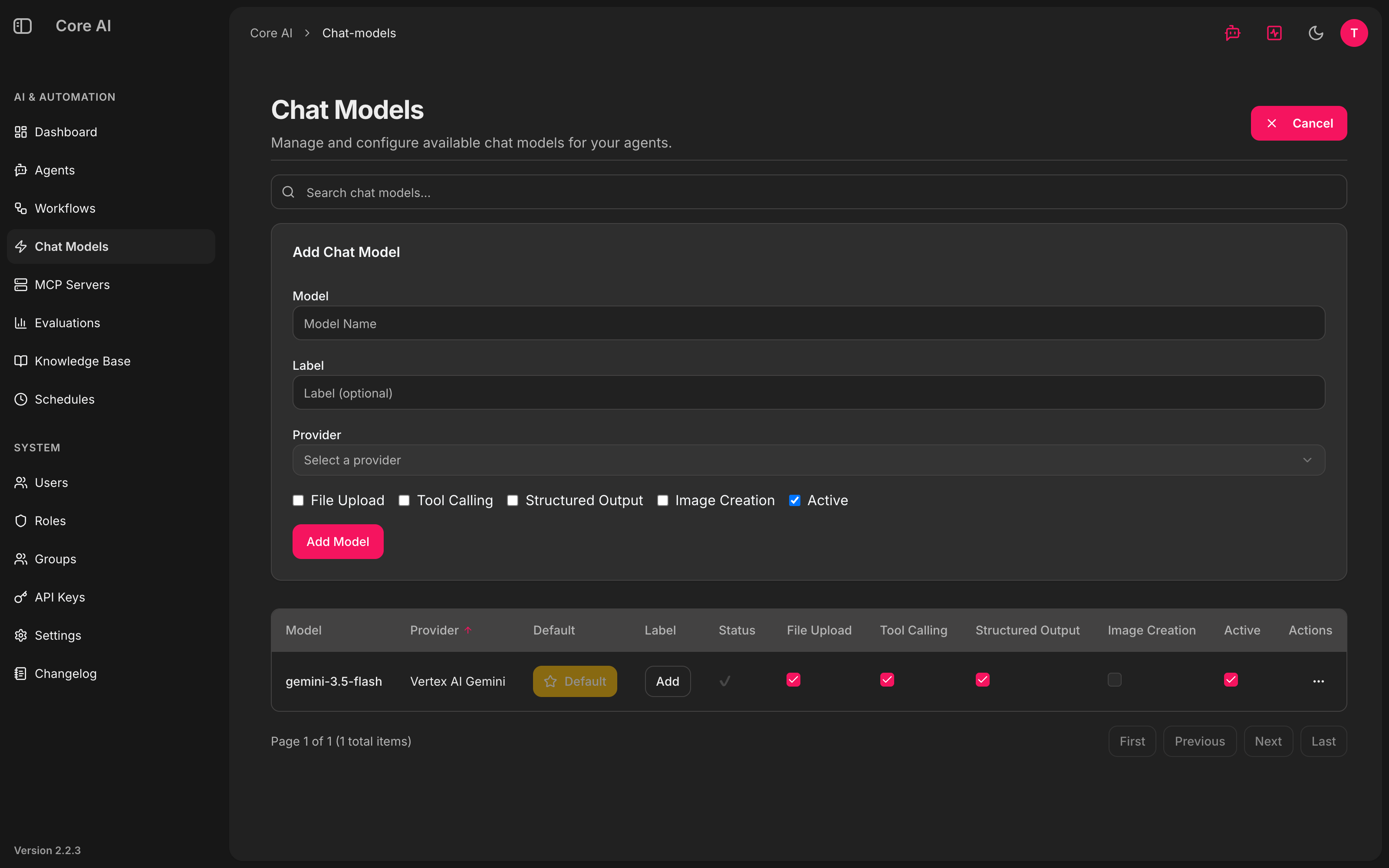 Chat Models — Formular und Liste